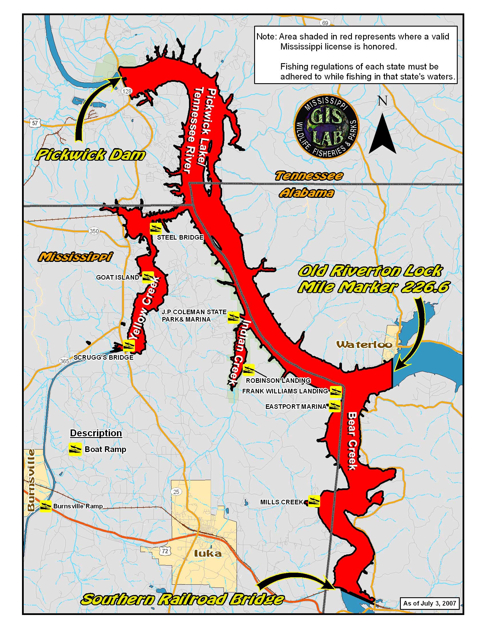 Pickwick Lake Reciprocal License Map